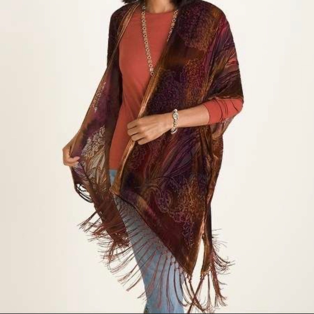 NWT Chico's Multicolored Burnout Velvet Fringe Ruana / Poncho/Sm/Md